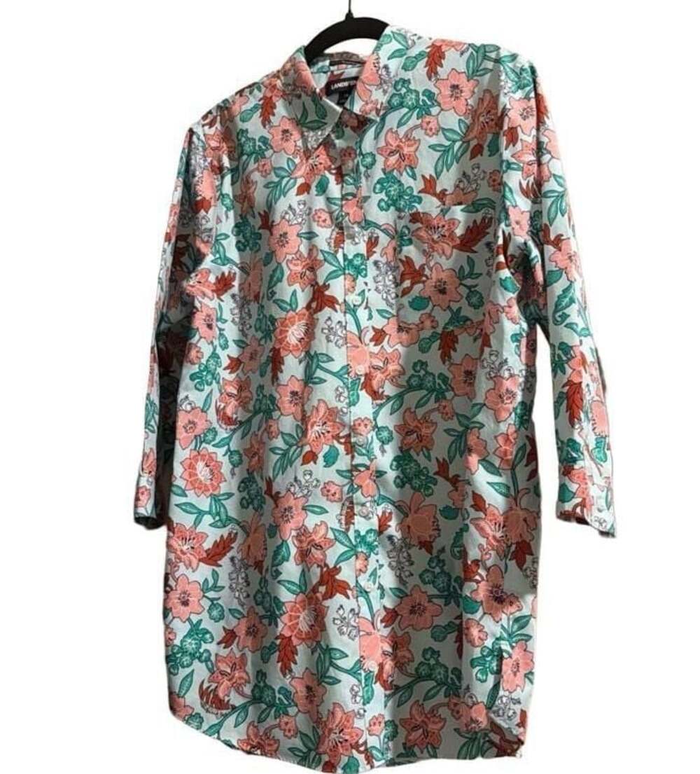 Lands' End Women's No Iron 3/4 Sleeve Floral Button-Down Tunic Shirt